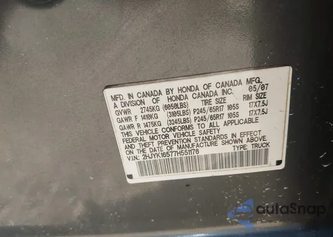 2007 Honda Ridgeline Rtl W/Leather z USA, uszkodzony, nr VIN 2HJYK16577H551176